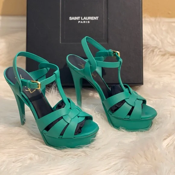 YSL Saint Laurent Emerald Green Tribute Platform Sandals Size 36 - Picture 3 of 6